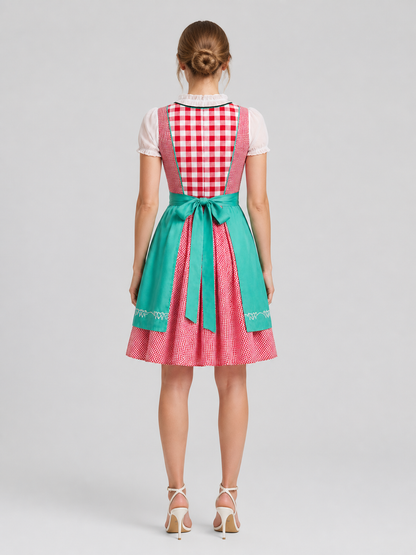 Ethnic Plaid Dress with Apron and Full Skirt back view