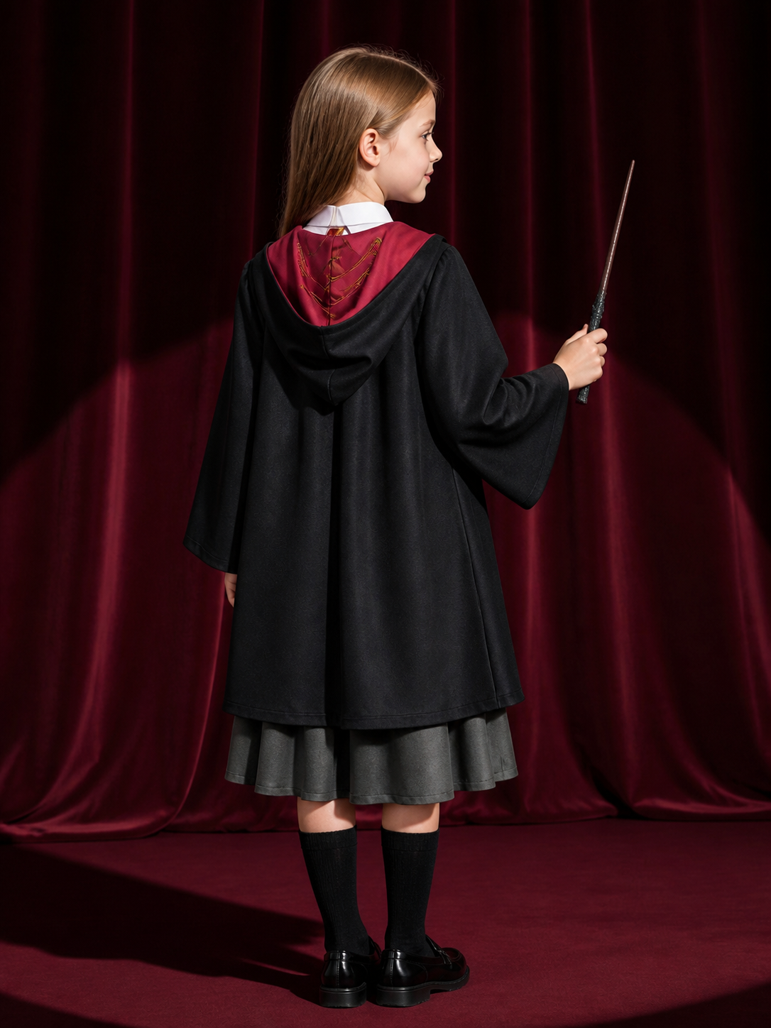 Children's Gryffindor-Themed Wizard Costume Set with Hooded Robe, Vest, Skirt back view