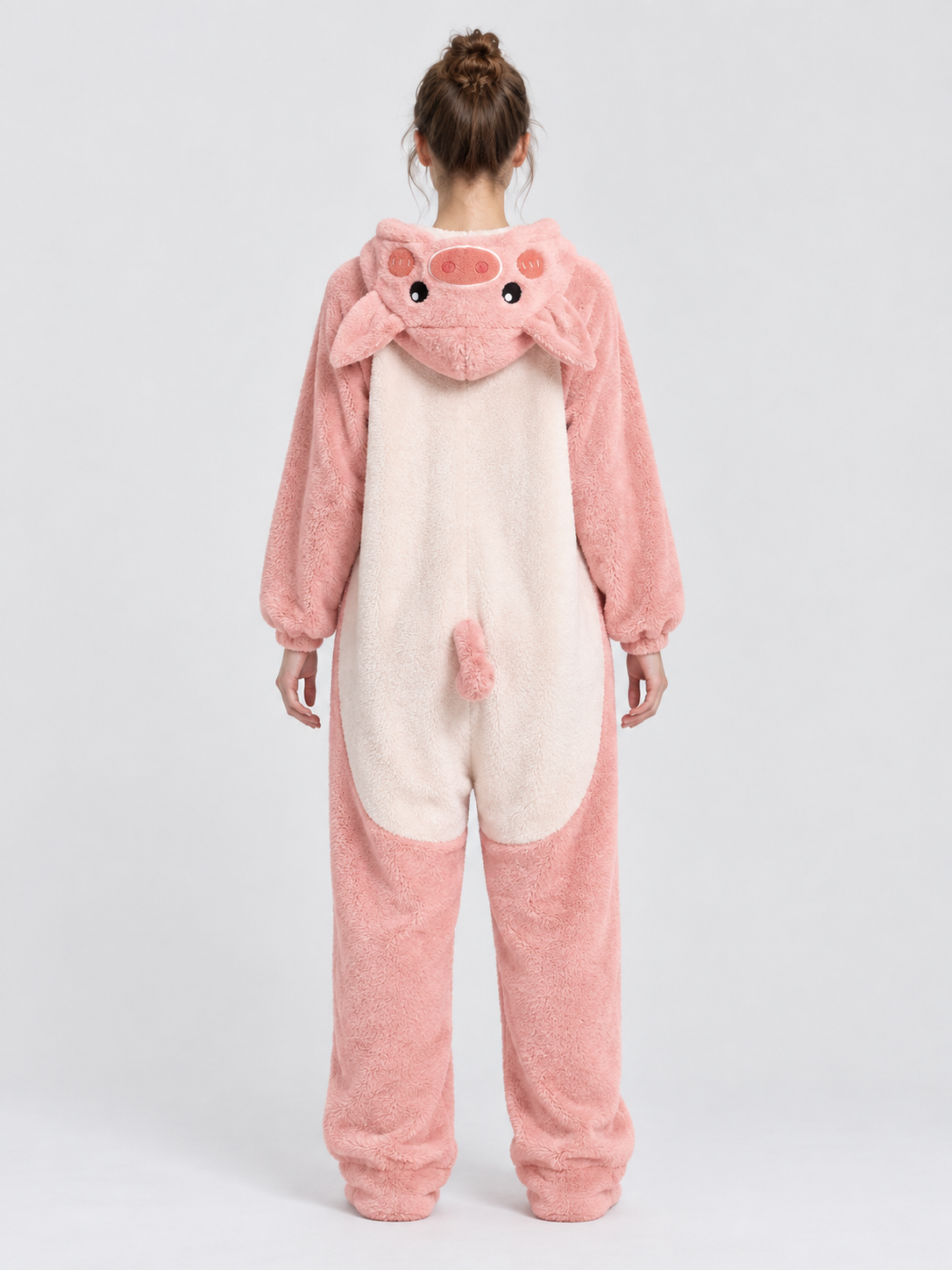 Pink and cream pig-hooded pajama jumpsuit