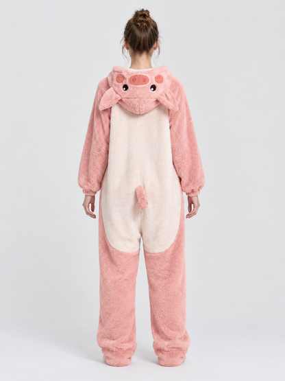 Pink and cream pig-hooded pajama jumpsuit