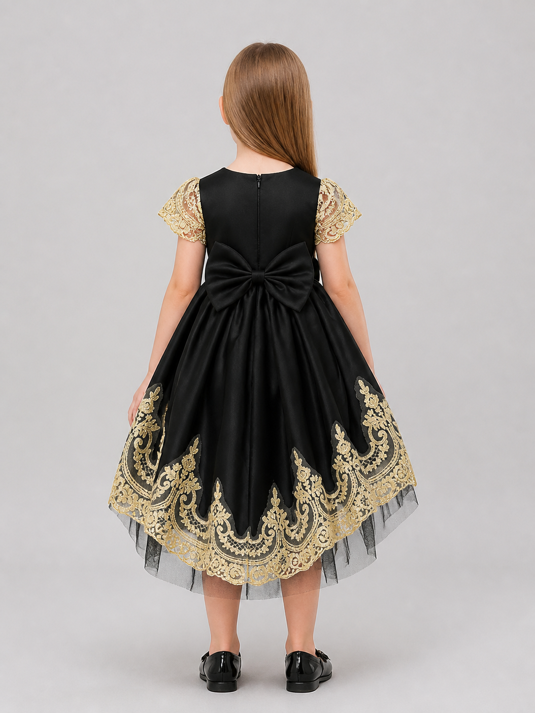 Full Princess Dress with Gold Embroidery and Train back view