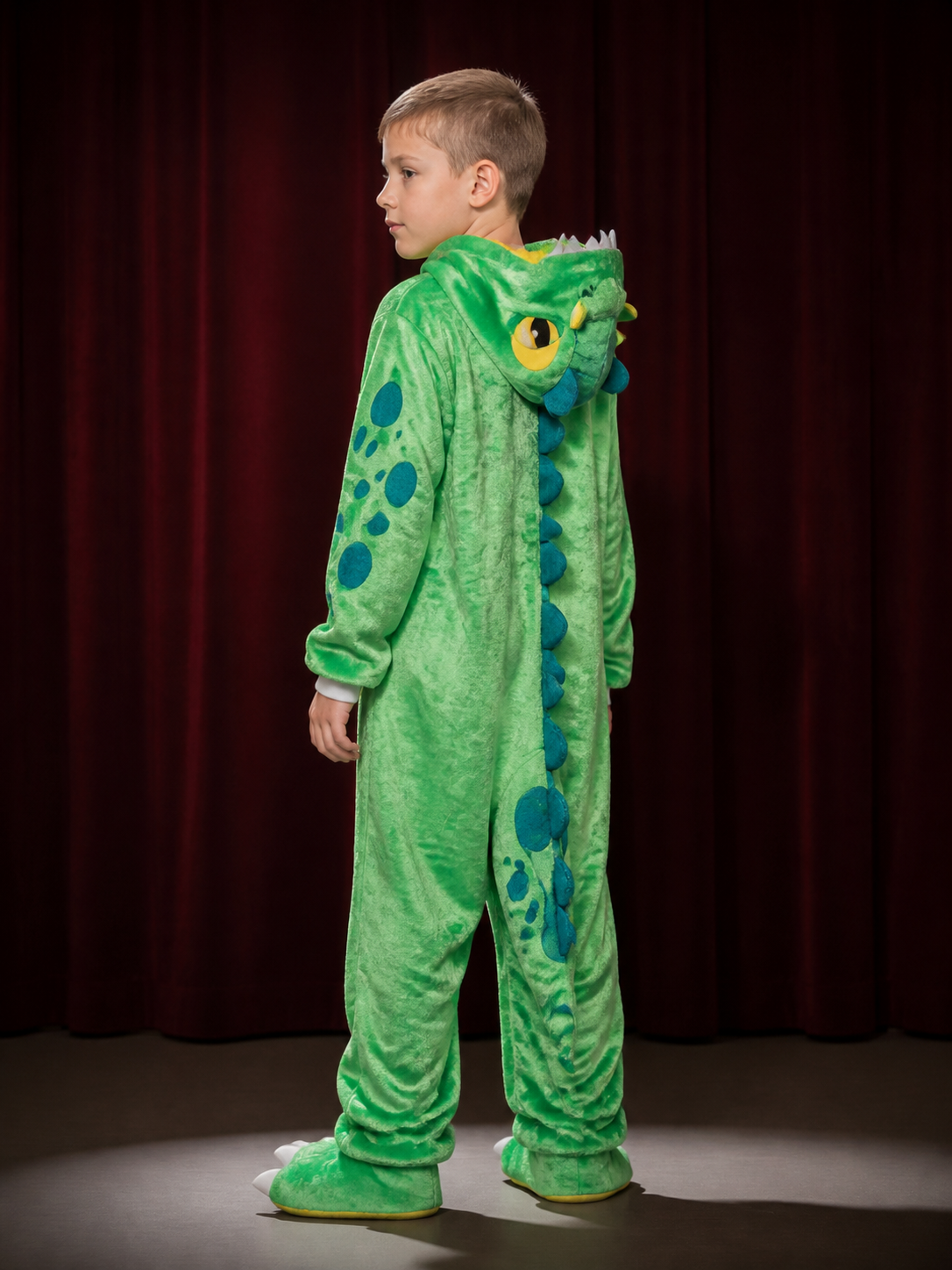 Green Dinosaur Hooded Bodysuit Costume with Blue Spots and Tail - Halloween back view