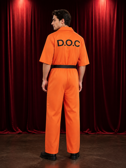 Orange Plus Size Prisoner Jumpsuit Costume, Collared Short-Sleeve Halloween back view