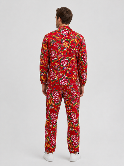 Two-Piece Suit with Blazer and Pants, Red Floral Print back view
