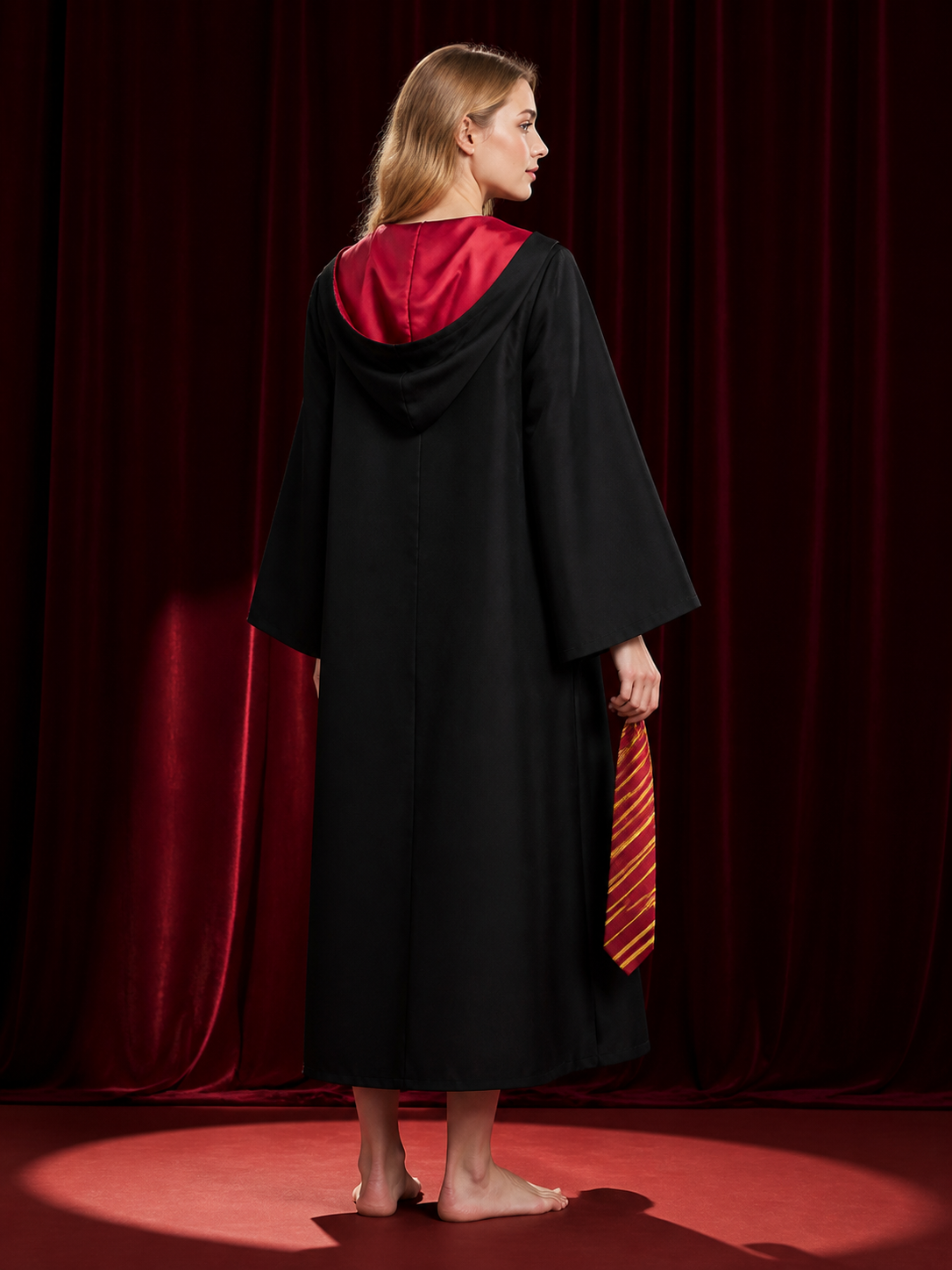 Unisex Wizard Robe Costume Set with Tie, Black Hooded Halloween Outfit back view