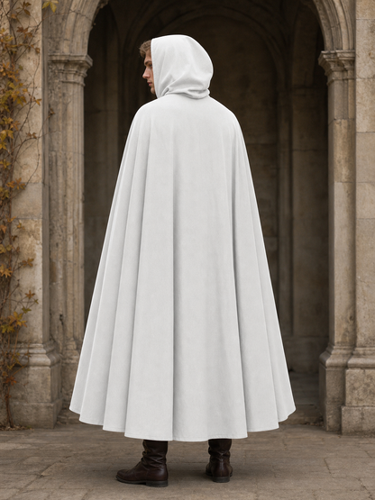 Medieval White Velvet Hooded Long Cloak Cape with Black Bow Tie Front Flared Hem back view 5