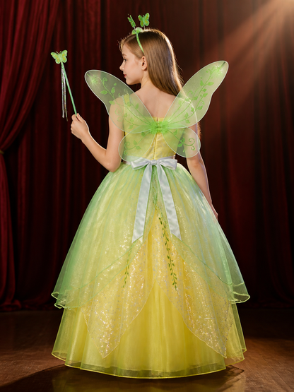 Girls Tinker Bell Fairy Dress Costume Set with Wings, Headband & Wand back view