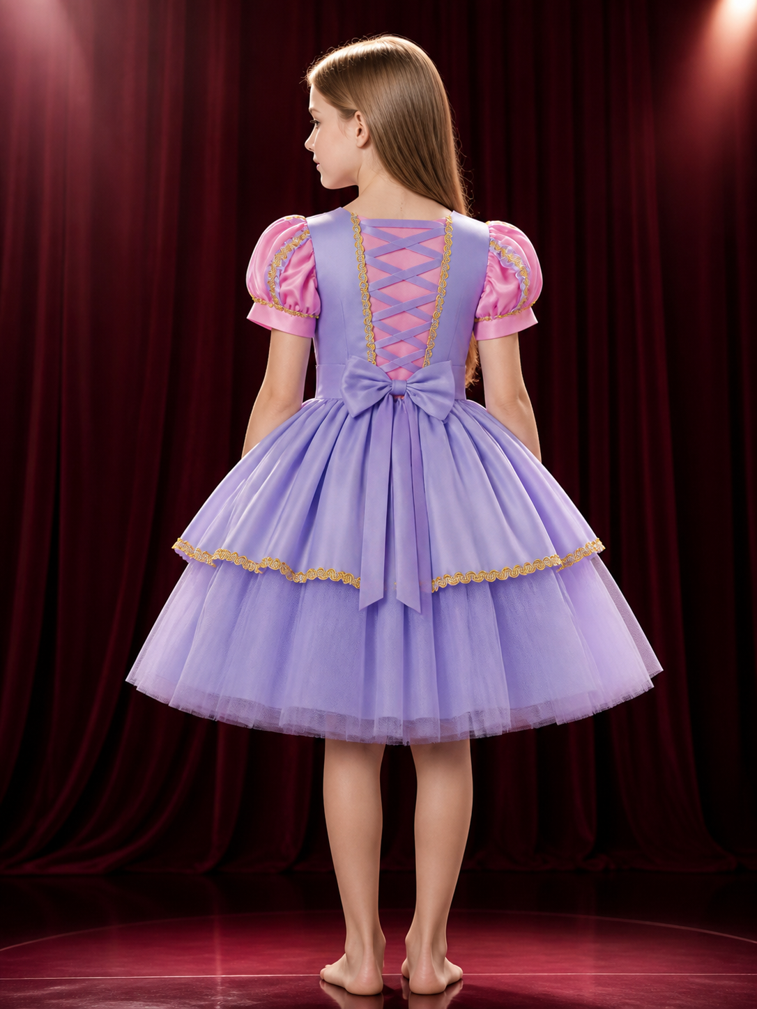 Toddler Girls' Purple Princess Dress Costume With Puff Sleeves and Layered Tulle back view