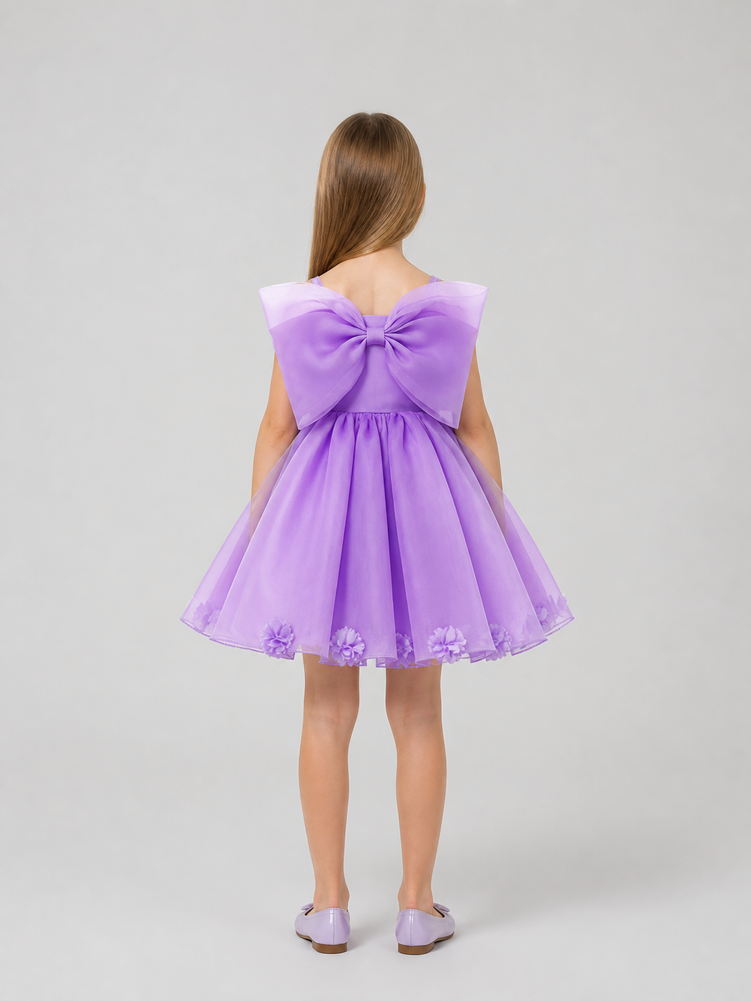 Full-skirted dress with bow and flowers, purple back view
