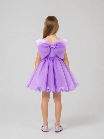 Full-skirted dress with bow and flowers, purple back view