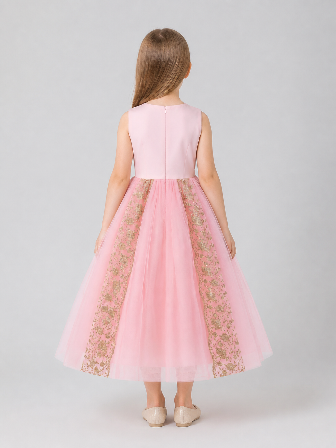 Full Skirt Dress with a V-Neckline and Floral Decoration