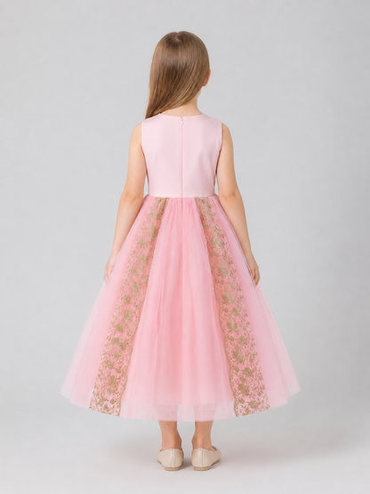 Full Skirt Dress with a V-Neckline and Floral Decoration
