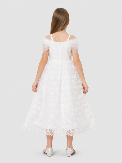 Fluffy White Princess Dress with Lace and Embroidery back view
