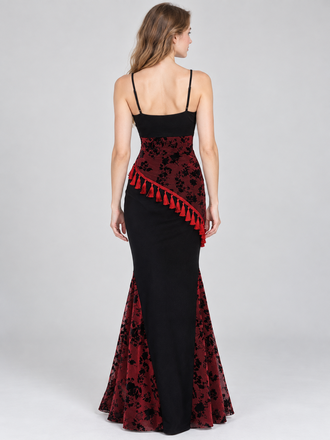 Gothic Black and Red Maxi Dress with Fringe