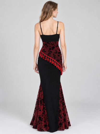 Gothic Black and Red Maxi Dress with Fringe