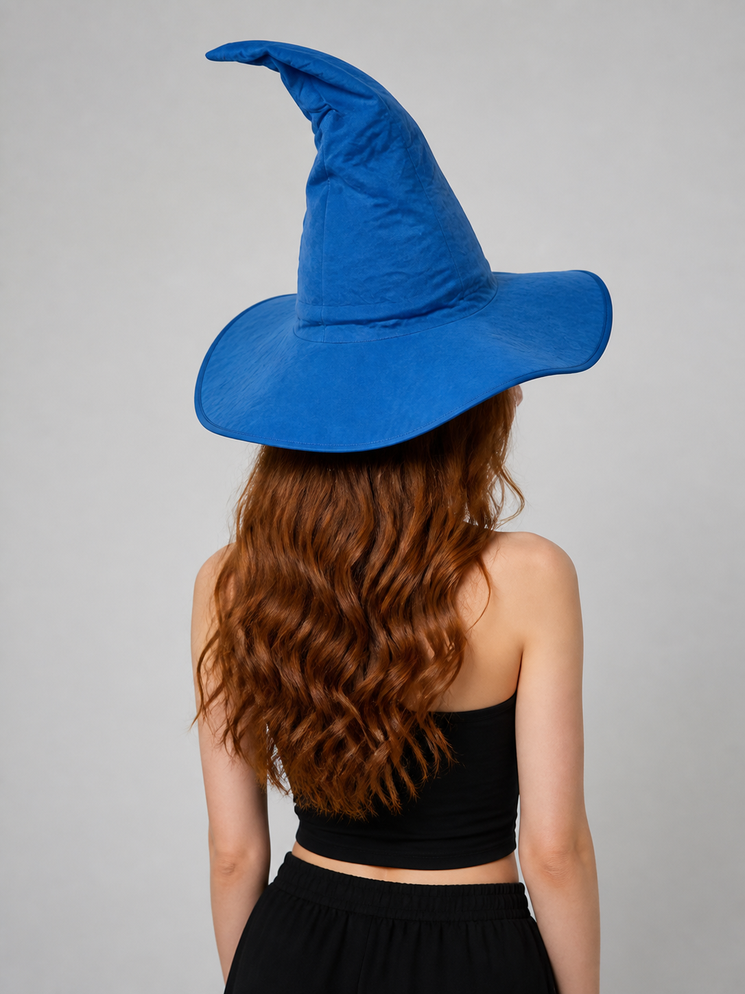 Blue Halloween Witch Hat, Wide Brim Curved Pointed Cap with Black Chin Strap back view 3