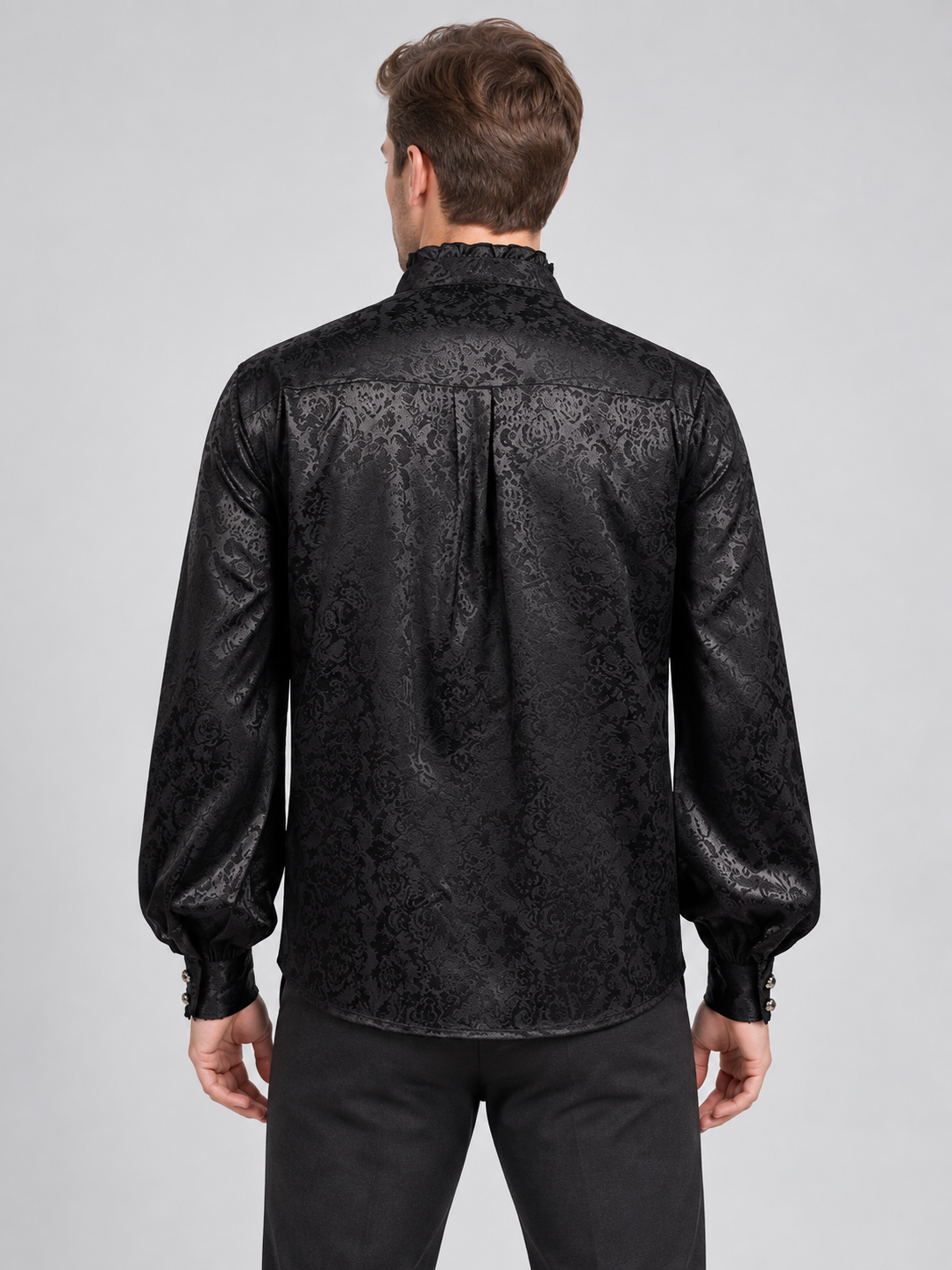 Black Shiny Shirt with Jabot and Ruffles