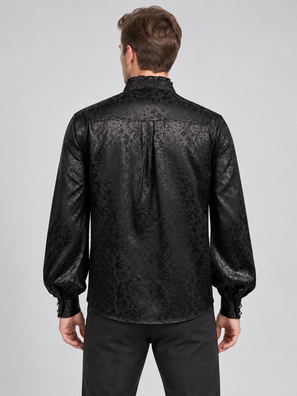 Black Shiny Shirt with Jabot and Ruffles