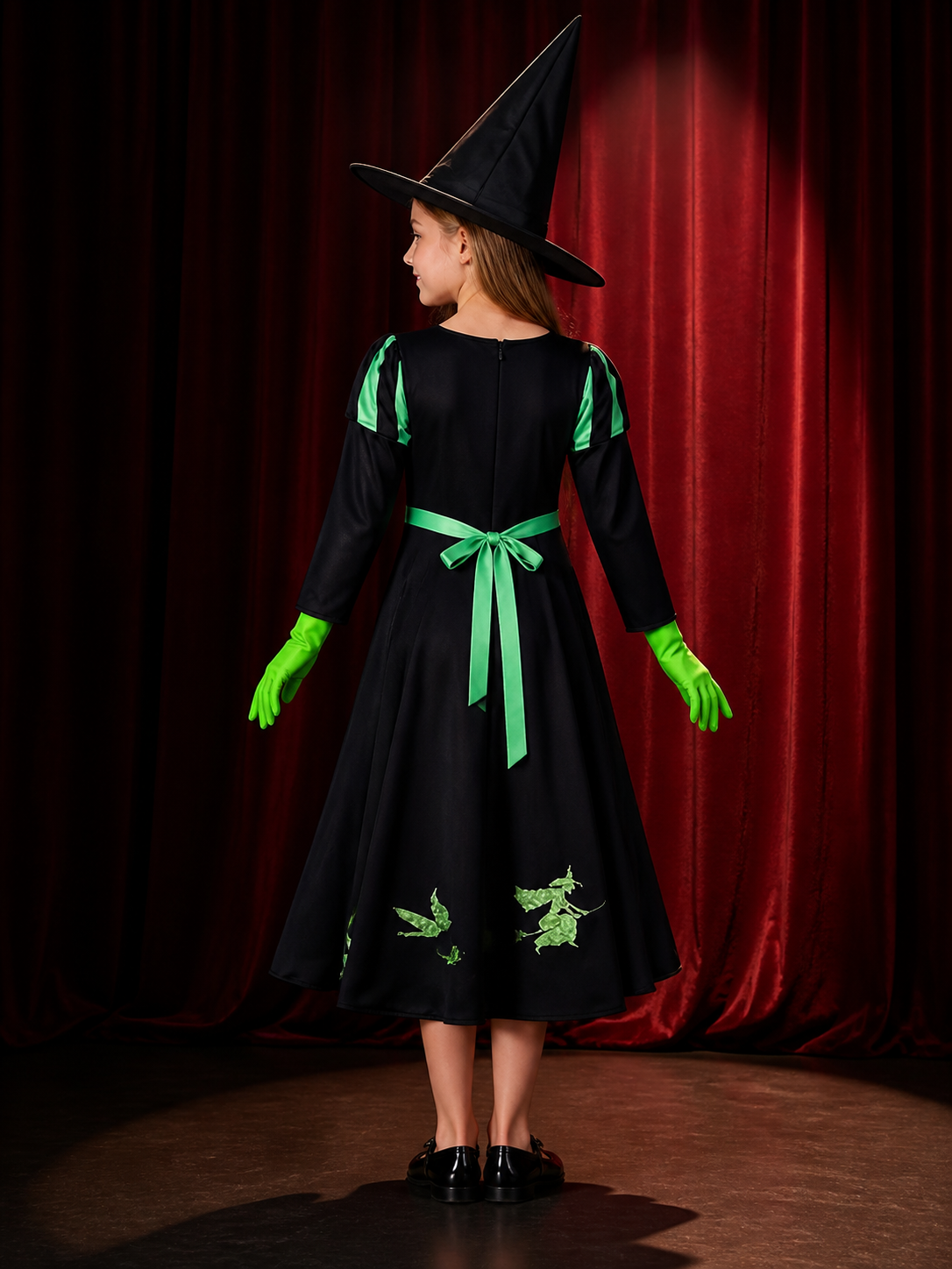 Witch Costume Set With Hat And Gloves, Black And Green Long Sleeve Dress With back view 2