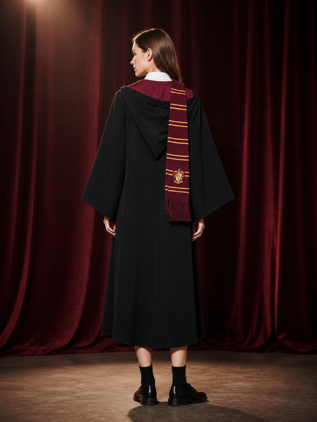 Black Wizard Robe Costume Set with Multicolor Striped Fringed Scarf and Chest back view