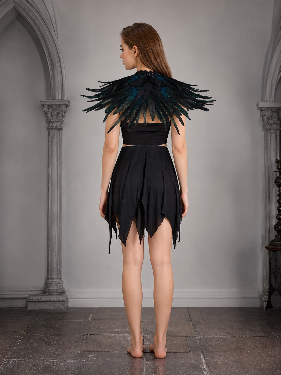 Cyan And Black Feather Lace Shoulder Shawl, Single-Layer Wrap With Front Tie Bow And Layered Feather Trim