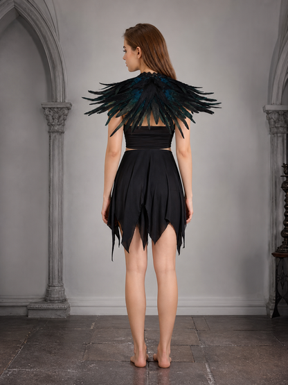 Cyan And Black Feather Lace Shoulder Shawl, Single-Layer Wrap With Front Tie Bow And Layered Feather Trim
