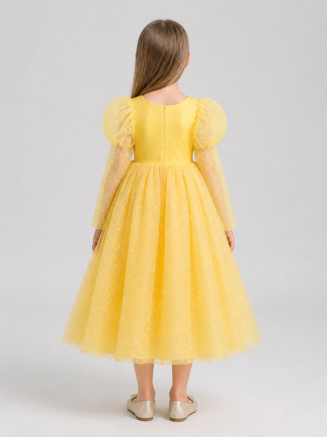 Yellow Princess Dress with Puff Sleeves and Flowers back view