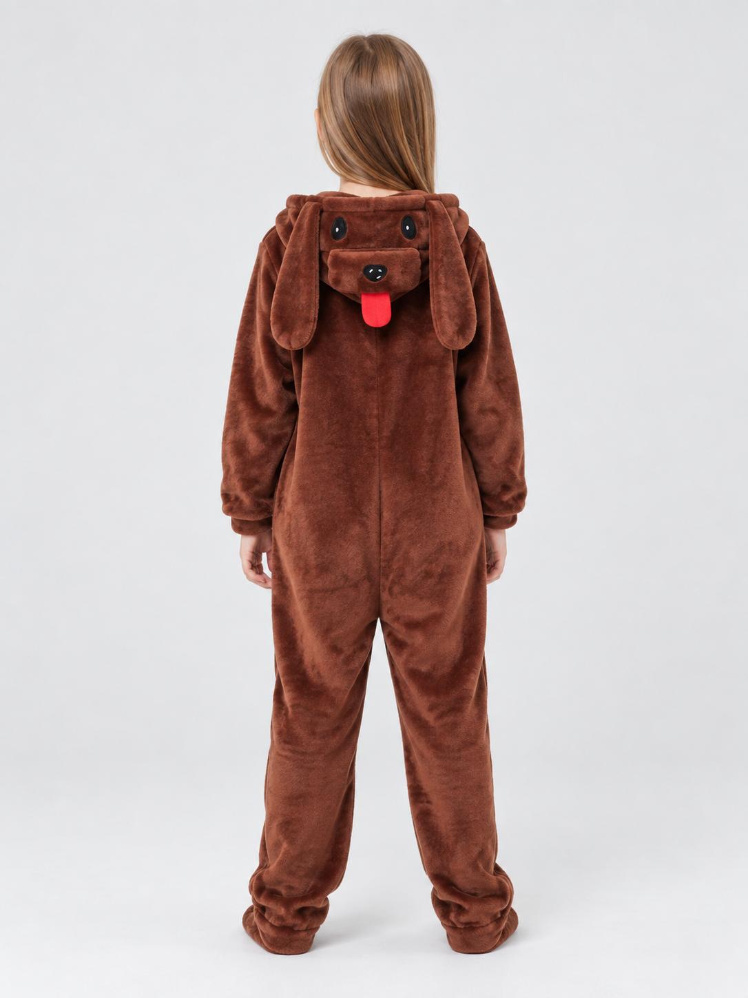 Brown Fleece Hooded Pajama Jumpsuit with Dog Design