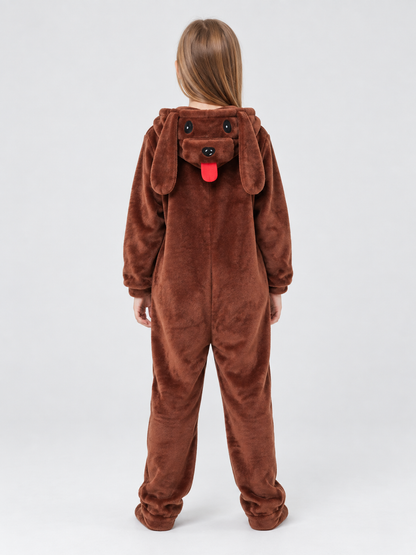 Brown Fleece Hooded Pajama Jumpsuit with Dog Design