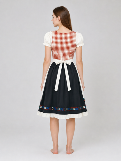 This traditional costume is designed in a vintage folk style and is suitable for creating a striking look for a costume party, themed event, holiday program, or cultural performance. The dress features a brown-and-white plaid pattern: this 