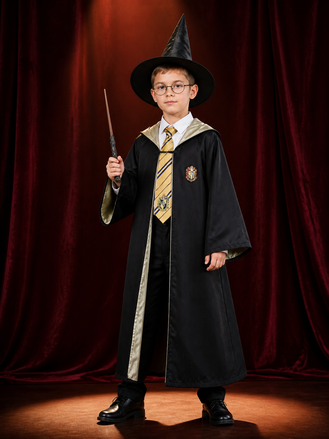 Wizard Costume Set With Hooded Robe, Pointed Hat, Wand, Tie And Round Glasses back view