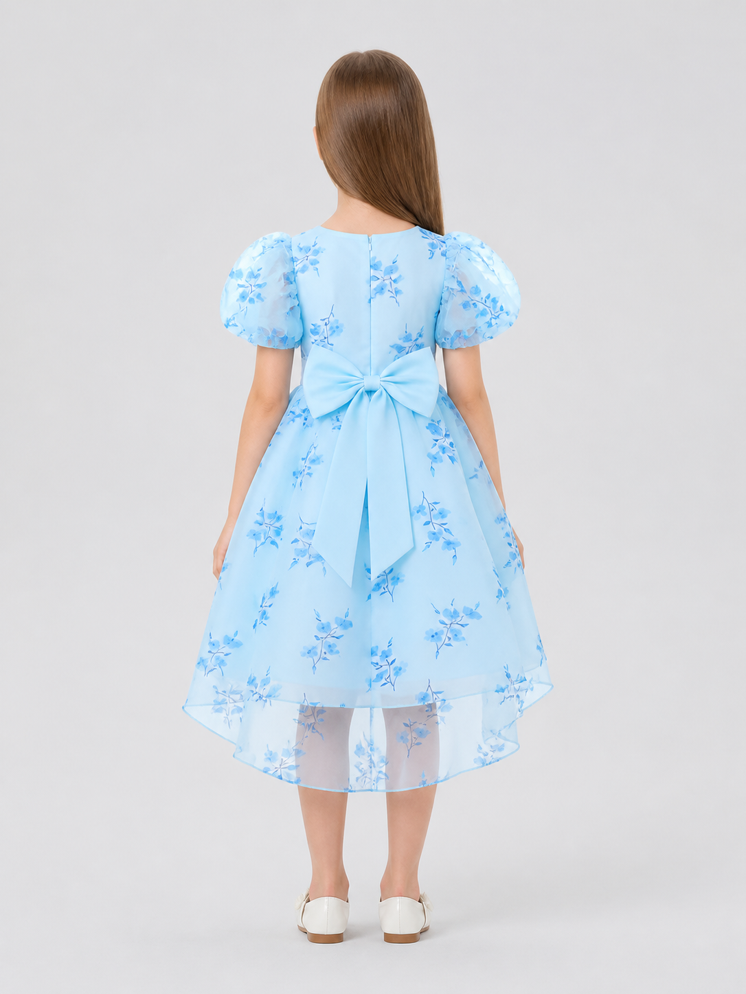 Fancy Dress with Light Blue Floral Print and Bow back view
