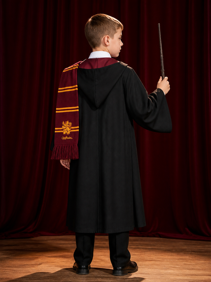 Lion Crest Wizard Robe Costume Set, Hooded Cloak With Scarf, Shirt And Wand back view
