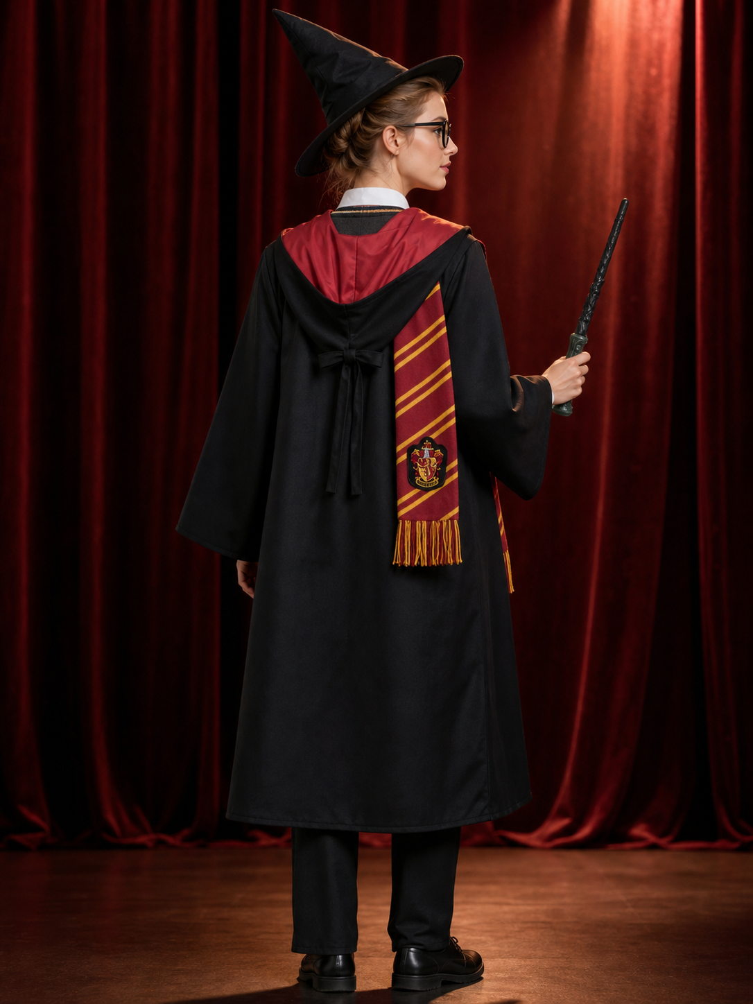 Wizard Robe Costume Set with Striped Scarf, Tie, Wand, Glasses, Hat, Shirt back view