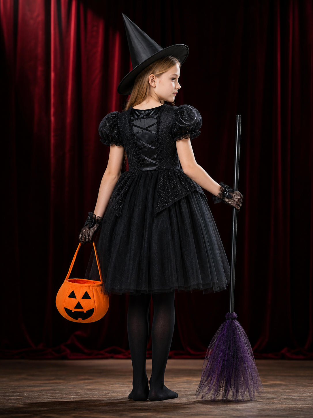 Girls' Witch Costume Set, Black Dress with Hat, Broom, Pumpkin Bag and Tights back view