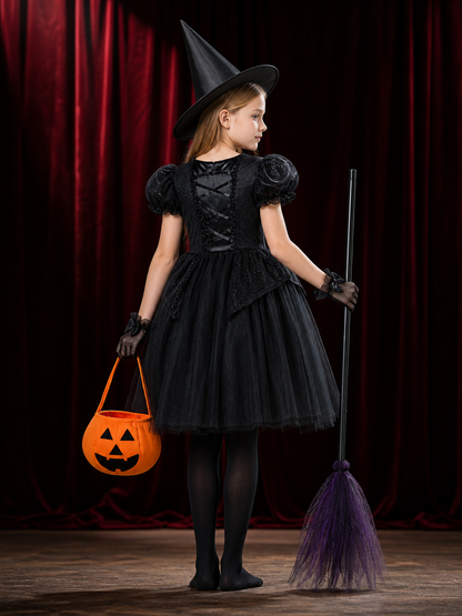 Girls' Witch Costume Set, Black Dress with Hat, Broom, Pumpkin Bag and Tights back view