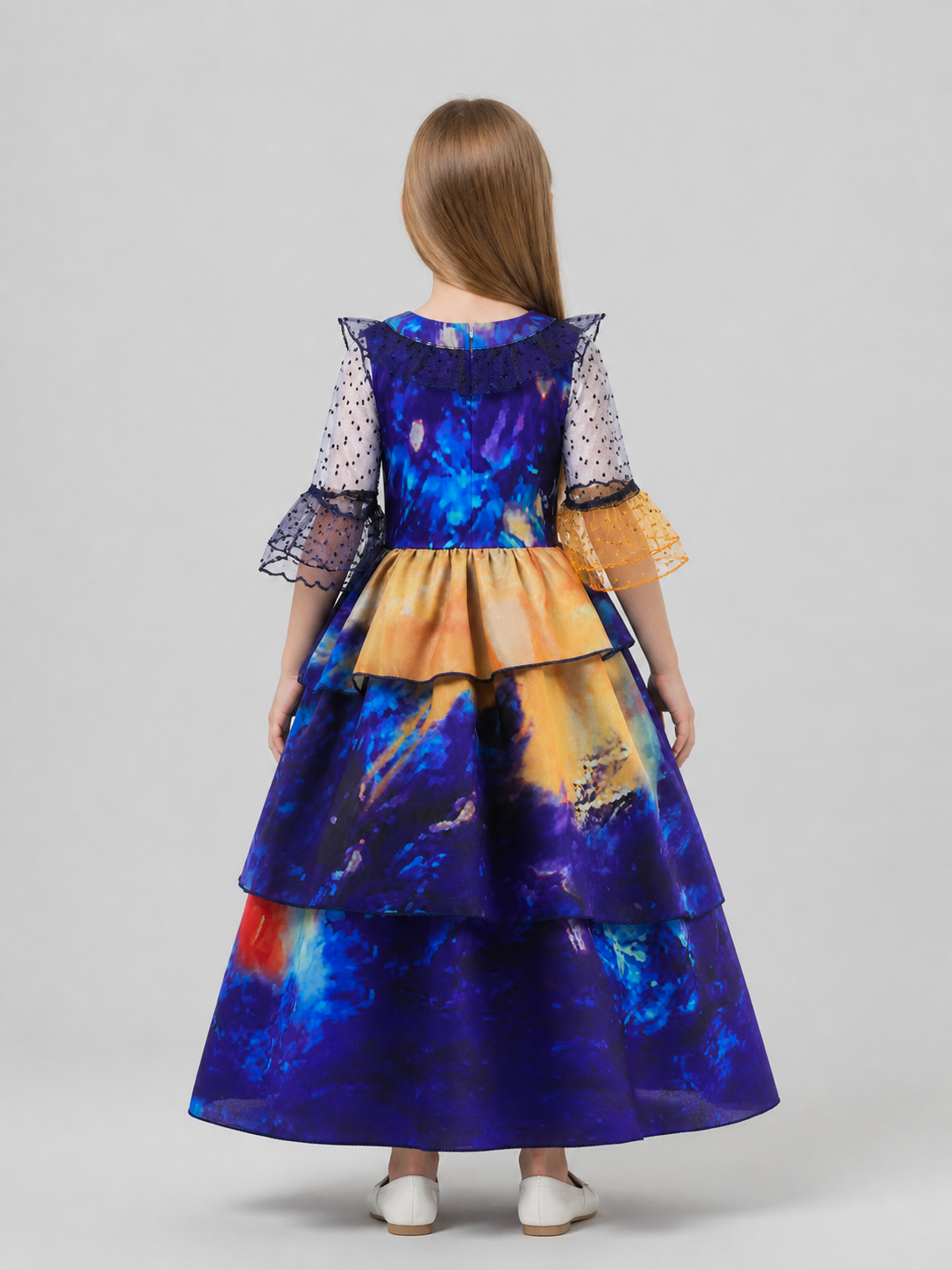 Cosplay Dress with Puff Sleeves and Tiered Skirt back view