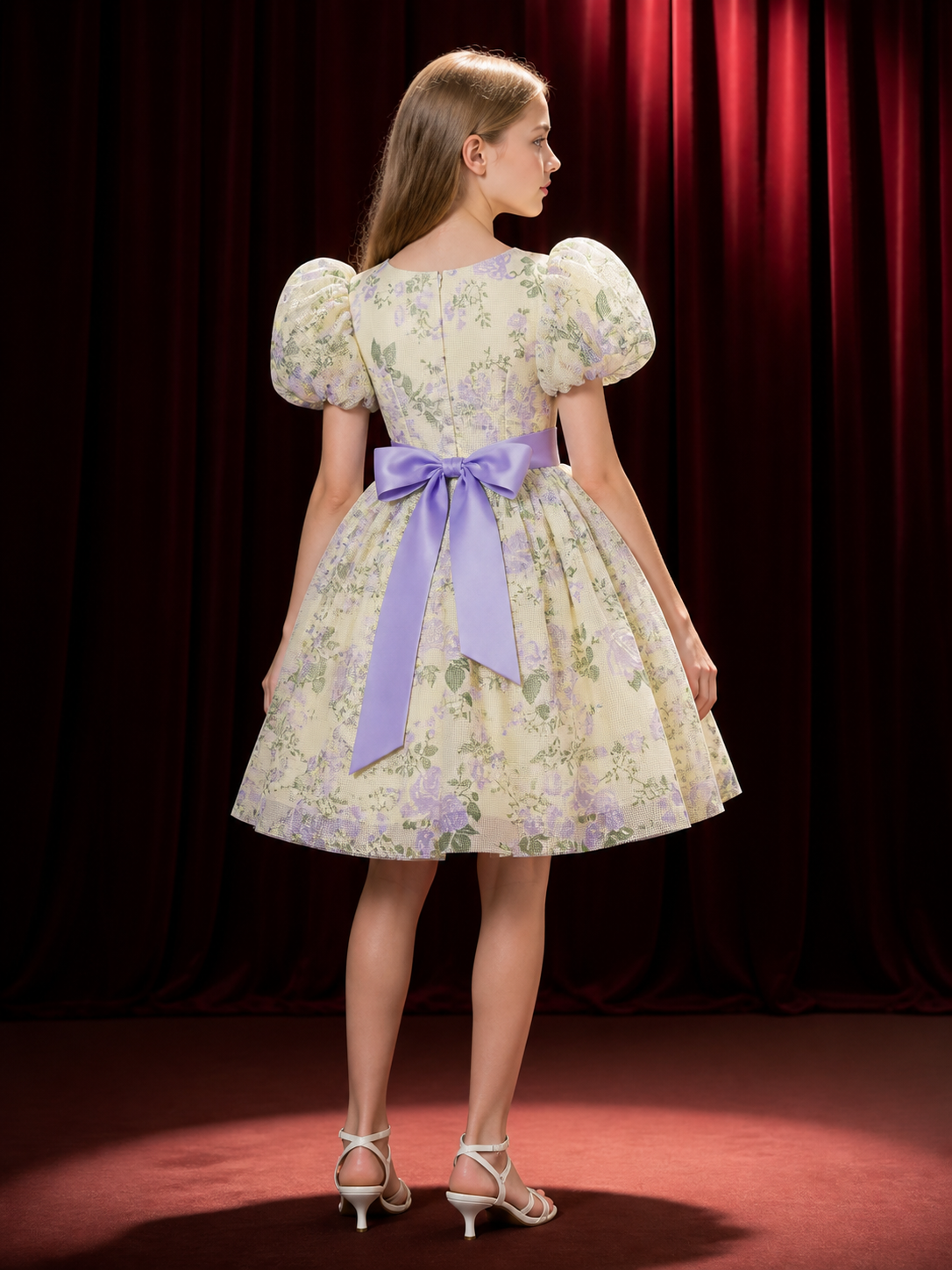 Girls' Floral Princess Dress With Puff Sleeves and 3D Flowers back view