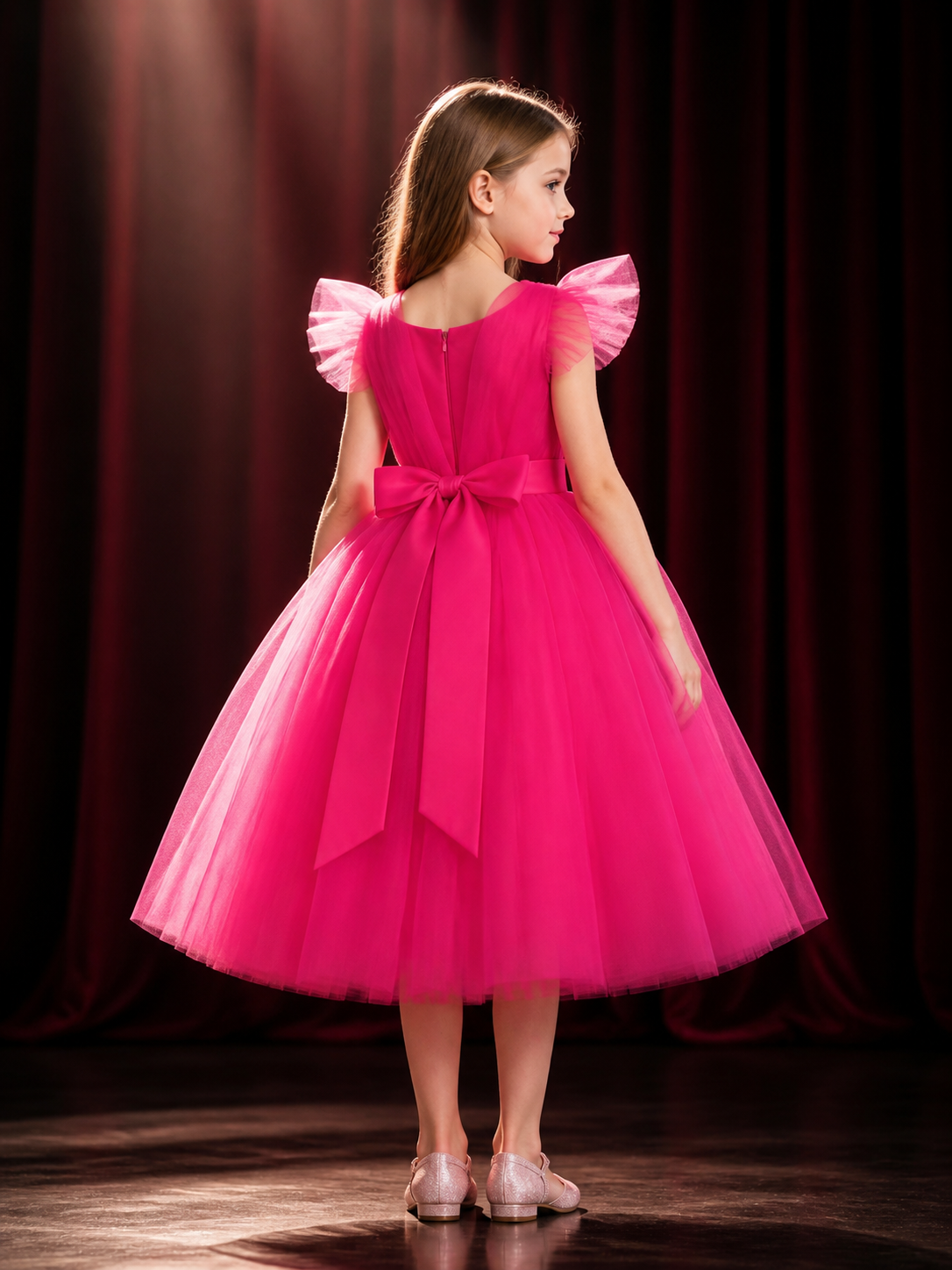 Baby Girls' Pink Princess Dress, Ruffled Sleeves and Layered Tulle Skirt back view