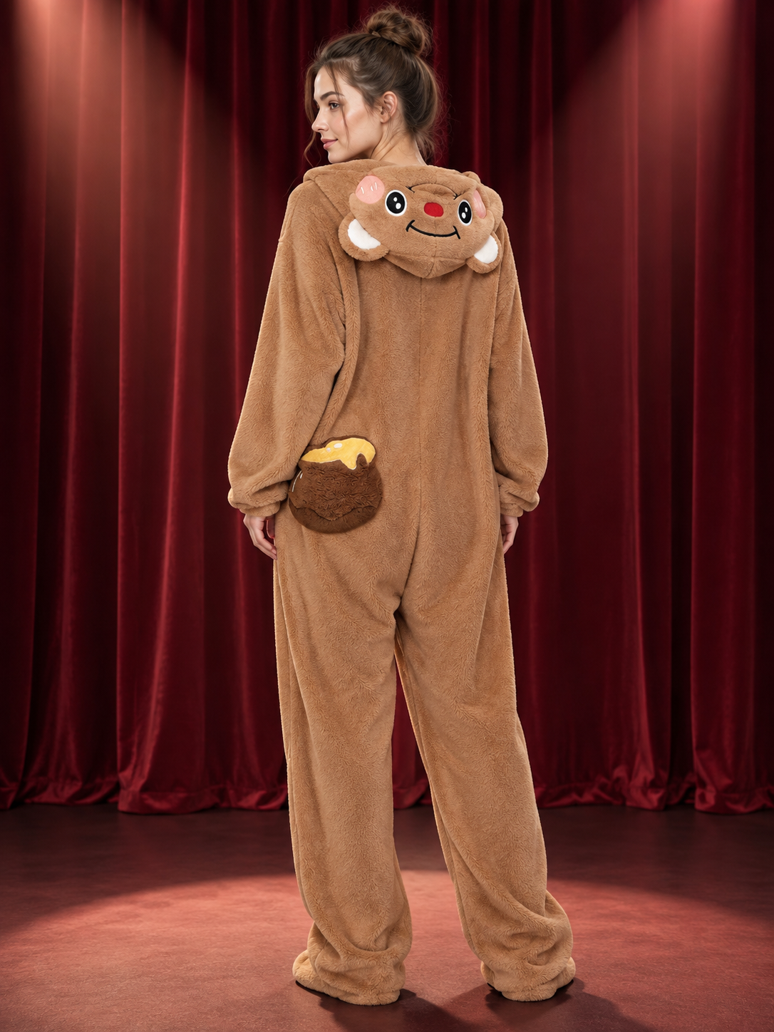 Brown Zip-Up Hooded Pajama Jumpsuit with Bear Face