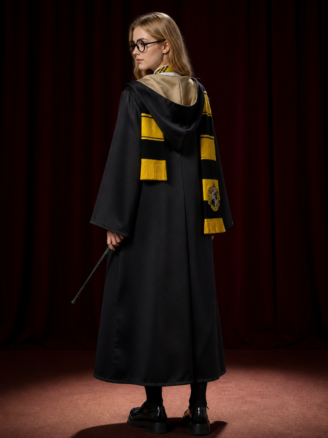 Wizard Halloween Costume Set - Hooded Robe with Scarf, Tie, Glasses, and Wand back view
