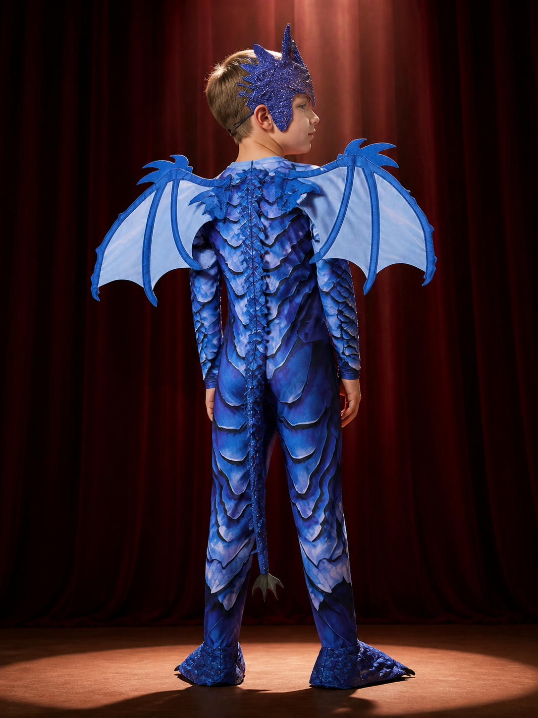 Kids' Blue Ice Dragon Knight Dinosaur Jumpsuit Costume with Wings and Character back view