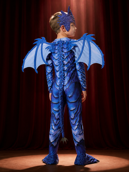 Kids' Blue Ice Dragon Knight Dinosaur Jumpsuit Costume with Wings and Character back view