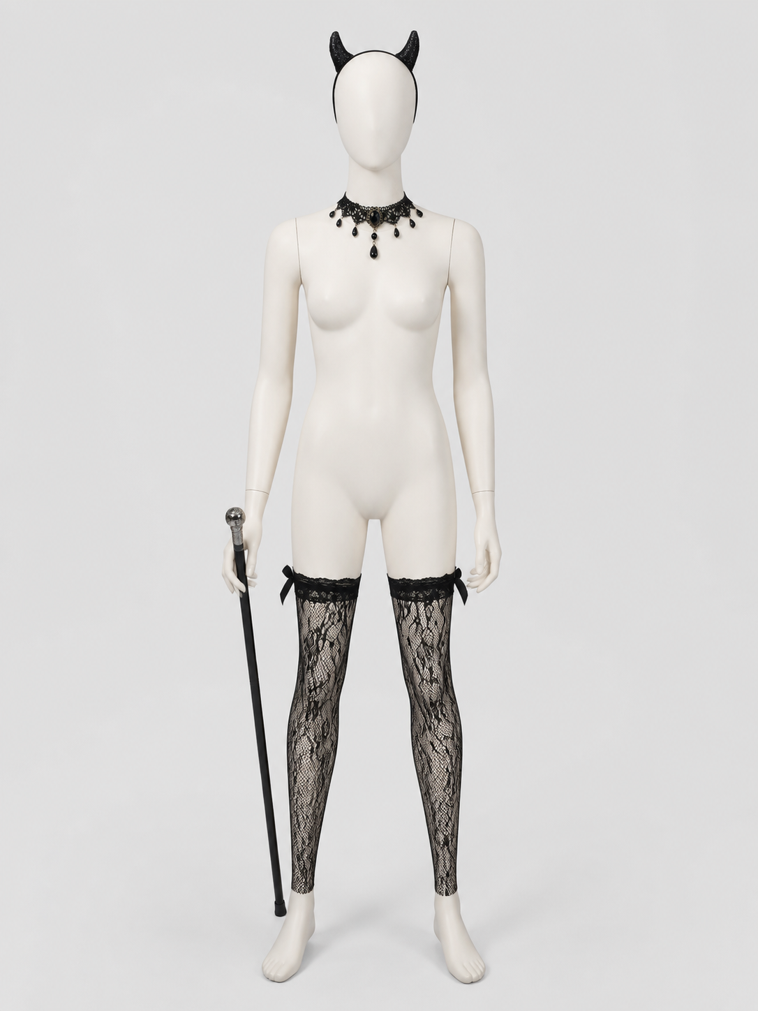 Gothic Accessories Set: Horns, Choker, Stockings, Cane back view