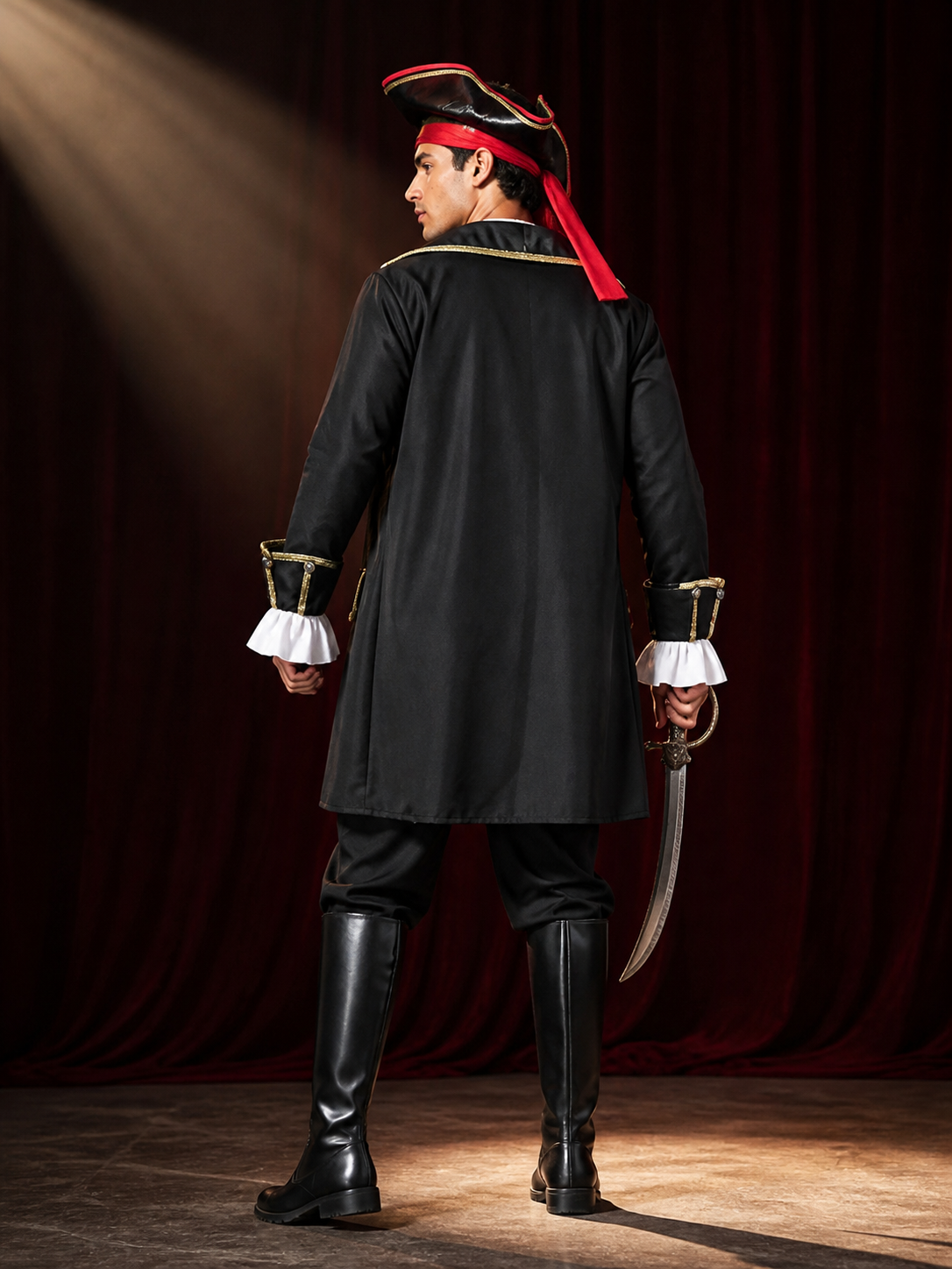 Unisex Pirate Costume Set With Long Coat, Vest, Shirt, Pants, Hat and Headscarf back view