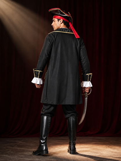 Unisex Pirate Costume Set With Long Coat, Vest, Shirt, Pants, Hat and Headscarf back view