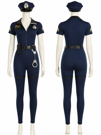 Women's Police Costume Jumpsuit, Short-Sleeve Cosplay Uniform with Badge and back view