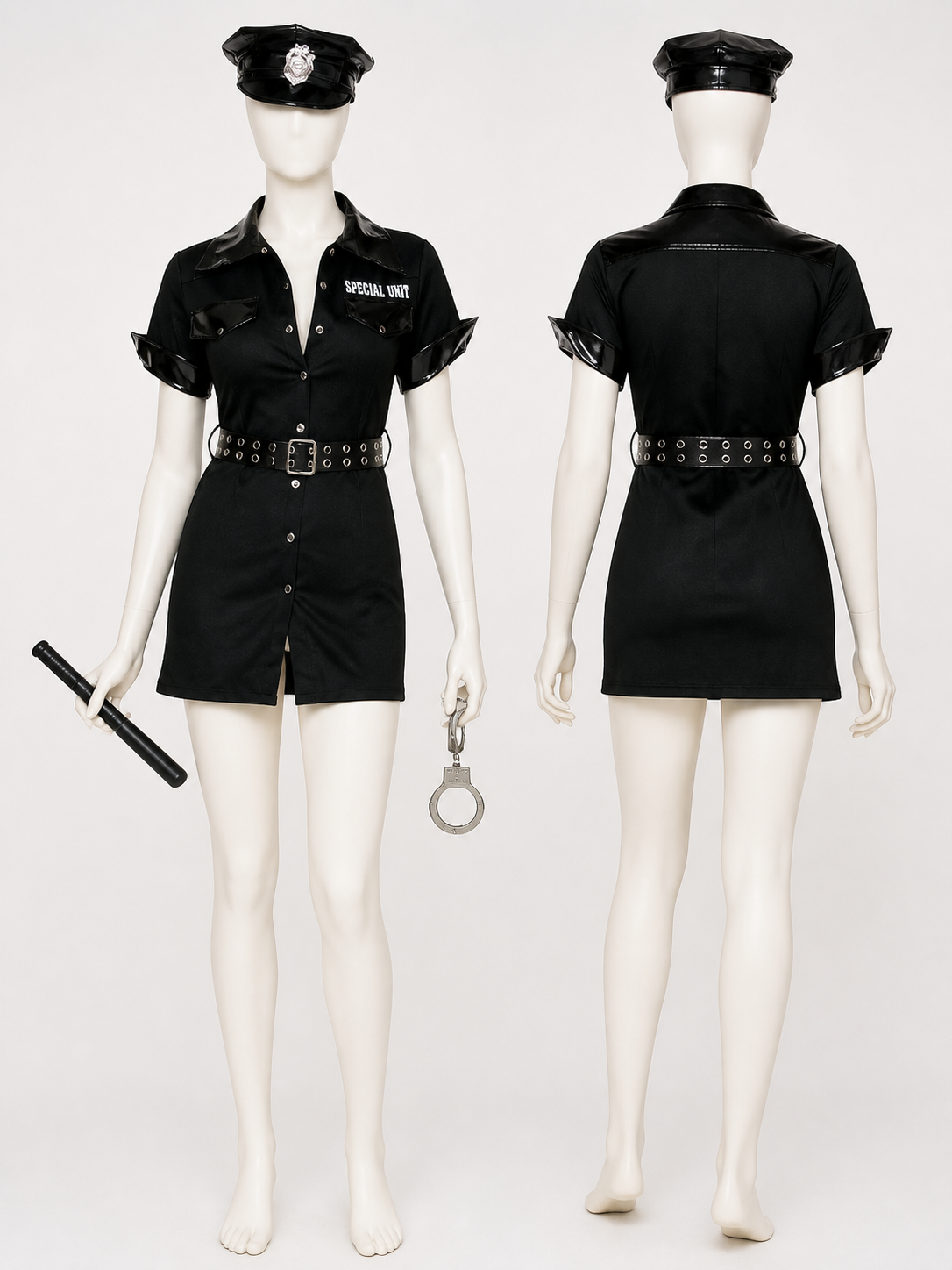 Women's Police Officer Costume Set with Hat, Belt, Handcuffs and Baton back view