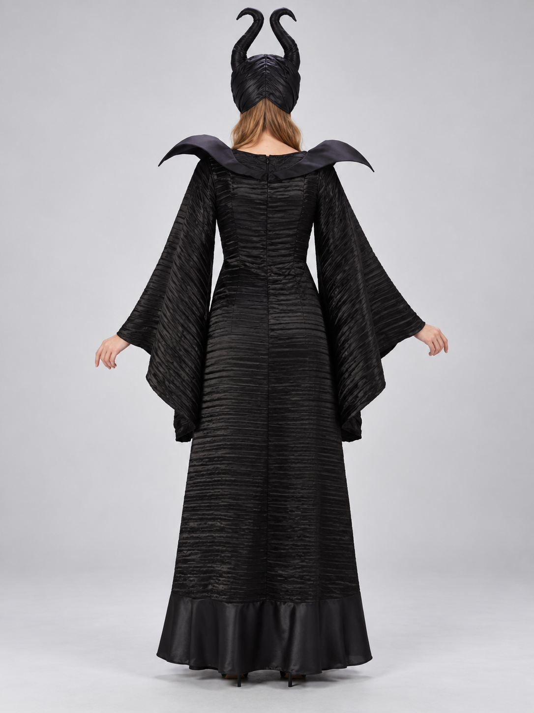 Black Witch Halloween Costume with Horns and Brooch