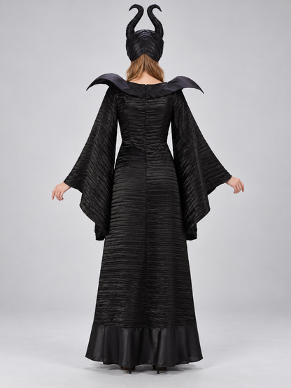 Black Witch Halloween Costume with Horns and Brooch